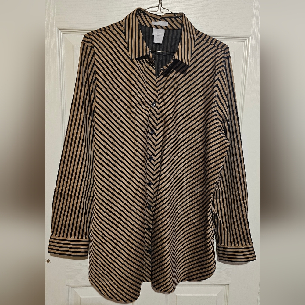 Chico's Striped Black and Tan Button-Up Shirt Sz L